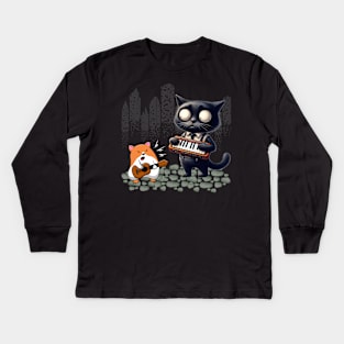 Funny Cat And Hamster Playing Keyboard And Guitar Kids Long Sleeve T-Shirt